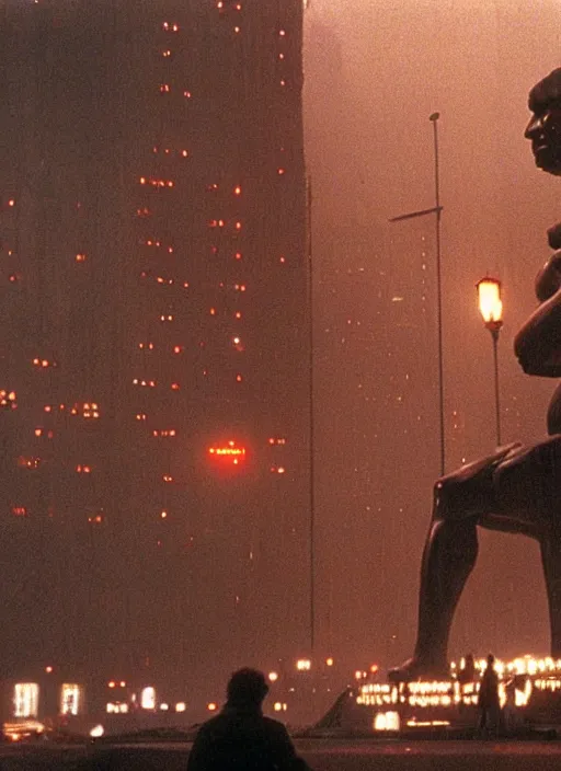Prompt: giant the thinker statue in the blade runner ( 1 9 8 2 ) city