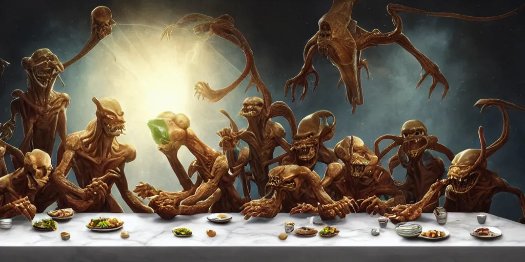 Prompt: !13 hungry aliens enjoying a rich salad around a marble table, !positioned as last supper cinematic lighting, dramatic framing, idilic, fantasy, highly detalied, 4k, artstation, by Wayne Barlowe