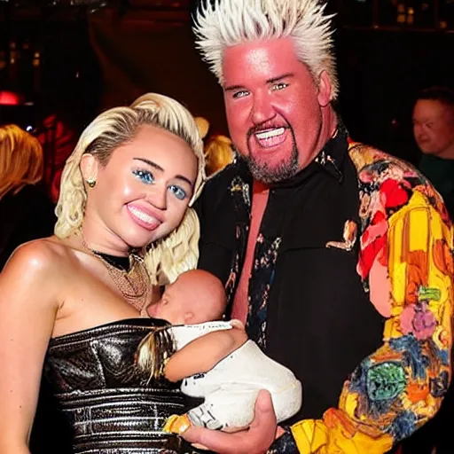 Image similar to miley cyrus and guy fieri holding their baby