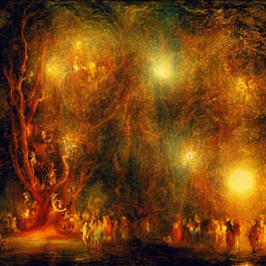 Image similar to closeup of a night carnival inside a magical tree cavity, with a surreal orange moonlight and fireworks, next to a lake with iridiscent water, christmas lights, folklore animals and people disguised as fantastic creatures in a magical forest by summer night, masterpiece painted by turner, scene by night, dark night environment, refraction lights, glares