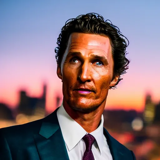 Prompt: a still of matthew mcconaughey . He's looking at the camera. HD. Shallow depth of field. City at night in background, lights, colors ,studio lighting, mood, 4K. Profession photography