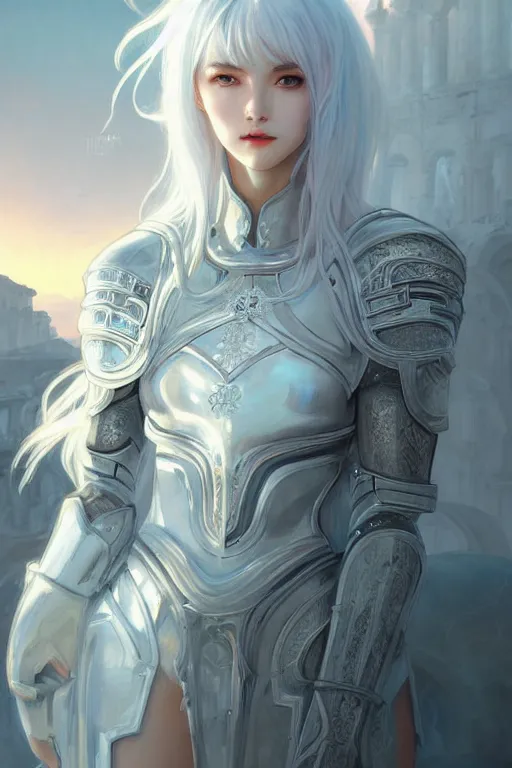 Prompt: portrait white hair knights of zodiac girl, sliver ice color reflected armor, in ruined agora of athens sunrise, ssci - fi and fantasy, intricate and very very beautiful and elegant, highly detailed, digital painting, artstation, concept art, smooth and sharp focus, illustration, art by tian zi and wlop and alphonse mucha