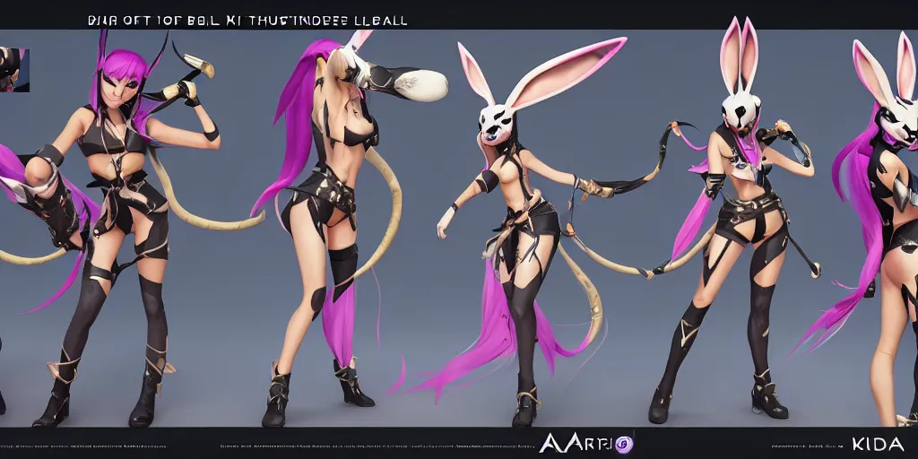 Image similar to Character sheet of Battle Bunny Akali (League of Legends) in KDA music video. 3d render, octane render, game art, realistic, highly detailed, trending on artstation, 4k, trending on artstation, pixar, cgsociety, unreal engine 5, redshift render, trending on artstation, blender, behance, cg