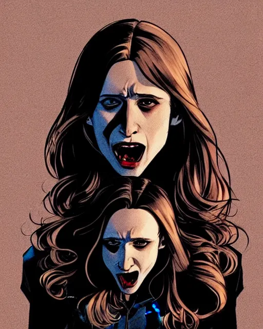 Image similar to in the style of Rafael Albuquerque comicbook art and Joshua Middleton, moody lighting, beautiful evil vampire Taissa Farmiga sharp bloody vampire fangs, evil smile showing fangs, symmetrical eyes, realistic face, symmetrical face, brown leather jacket, jeans, long black hair, full body