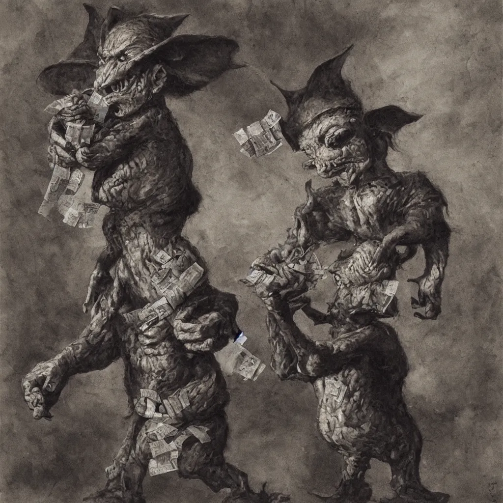 Prompt: goblin carrying a bag of money, Piotr jablonski