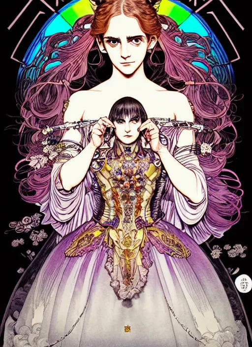 Prompt: highly detailed terada katsuya artstation ayami kojima manga poster of princess emma watson mechine, rainbow gradient reflection, long hair, armor, dress, laces, ruffles, 8 k, maximalist,, jump comics, tomer hanuka, alphonse mucha