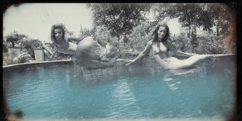 Prompt: a mermaid in pool in a backyard, slightly burn-damaged polaroid photograph, circa 1997