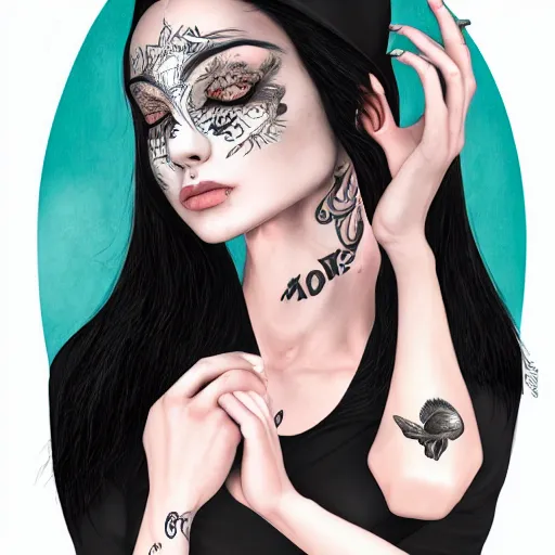 Prompt: A masterpiece portrait of a Incredibly beautiful queer goth girl with piercing and tatoo and nose ring in nun hat, holding koi fish in palace. Incredible light. Illustration. light night, artstation Masterpiece. Angel. Angel wings. light cute blush on face. glass fish hat. medium shot, intricate, elegant, highly detailed. trending on artstation, digital art, by Stanley Artgerm Lau, WLOP, Rossdraws, James Jean, Andrei Riabovitchev, Marc Simonetti, Yoshitaka Amano. background by James Jean and Gustav Klimt, light by Julie Bell, 4k, porcelain skin. Octane render. epic dark fantasy.