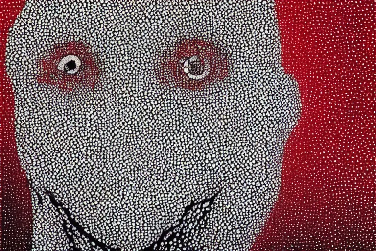 Prompt: face made out of mist, faceless people dark, dots, drip, stipple, pointillism, technical, abstract, minimal, style of francis bacon, asymmetry, pulled apart, cloak, hooded figure, made of dots, abstract, balaclava, red dots