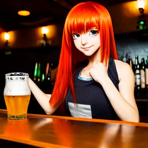Prompt: 2D Masculine but cute anime girl sitting at a bar, holding a large glass of beer, obviously drunk, camera angle looking up at her, anime, detailed eyes, visible pupils, warm orange lighting, beautiful scene, extremely detailed face, big sister, childhood friend, long blue hair
