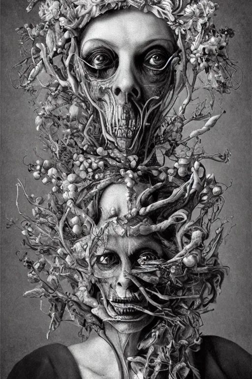 Image similar to Detailed maximalist portrait of a beautiful old woman with large lips and eyes, scared expression, botanical skeletal with extra flesh, HD mixed media, 3D collage, highly detailed and intricate, surreal illustration in the style of Caravaggio, dark art, baroque, centred in image