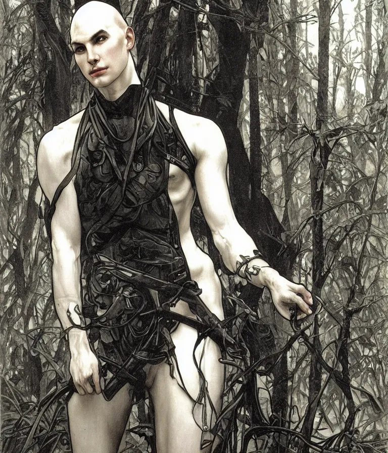 Prompt: portrait of a 1 5 foot tall, muscular, bald, smooth, extremely pale, androgynous humanoid with a perfectly symmetrical face, dressed in black body armour, in the background is a dense and foggy forest of trees, intricate detail, smooth, sharp focus, monochrome, high contrastl, art by artgerm and alphonse mucha,