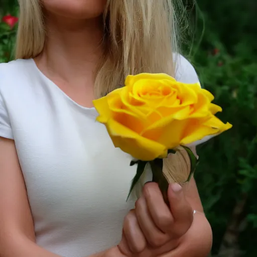 Prompt: blonde haired woman wearing white clothes holding a yellow rose, highly detailed, 4k