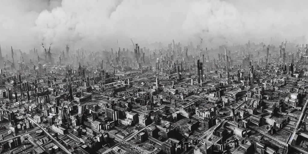Image similar to dieselpunk city skyline, huge fires everywhere, aerial view, wide shot, 120 black and white film