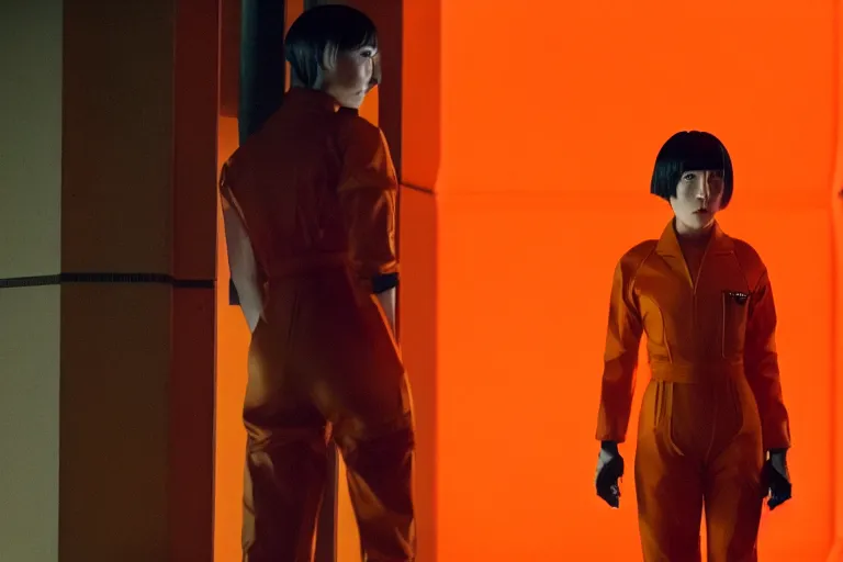 Image similar to major motoko wearing an orange prison jumpsuit, photography by fred palacio medium full shot still from bladerunner 2 0 4 9, sci fi, bladerunner, canon eos r 3, f / 3, iso 2 0 0, 1 / 1 6 0 s, 8 k, raw, unedited