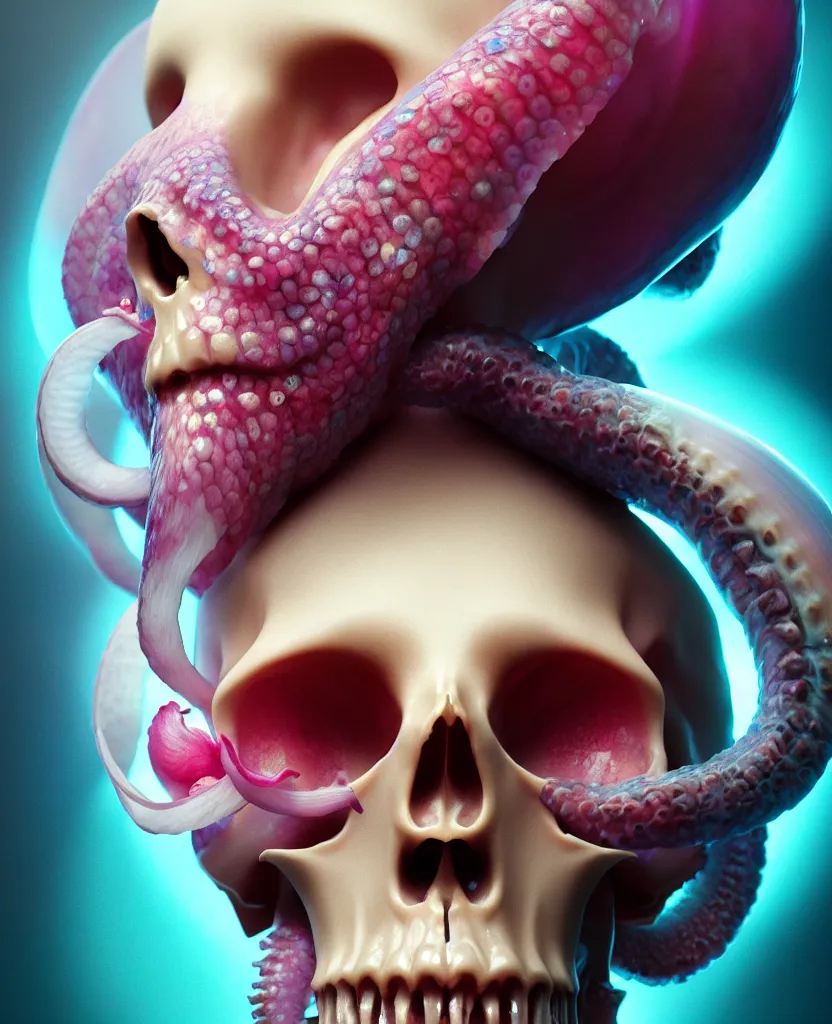 Image similar to goddess close - up portrait human skull, ram skull, squid phoenix jellyfish, orchid, betta fish, bioluminiscent, intricate artwork by tooth wu and wlop and beeple. octane render, trending on artstation, greg rutkowski very coherent symmetrical artwork. cinematic, hyper realism, high detail, octane render, 8 k