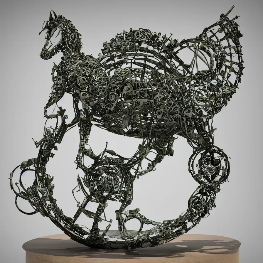 Prompt: beautiful gallery show studio photograph of a giant realistic round biomechanical ceramic sculpture of a plough horse, fractal 3 d structure, celadon glaze, placed on a polished wooden table, colorful hyperrealism 8 k trending on artstation