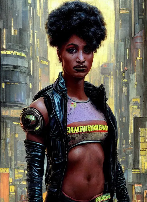 Image similar to Ariana Igwe. Buff Cyberpunk policewoman with robotic legs. Patrolling rainy streets. (Cyberpunk 2077, bladerunner 2049). Gorgeous face. Iranian orientalist portrait by john william waterhouse and Edwin Longsden Long and Theodore Ralli and Nasreddine Dinet, oil on canvas. Cinematic, vivid colors, hyper realism, realistic proportions, dramatic lighting, high detail 4k