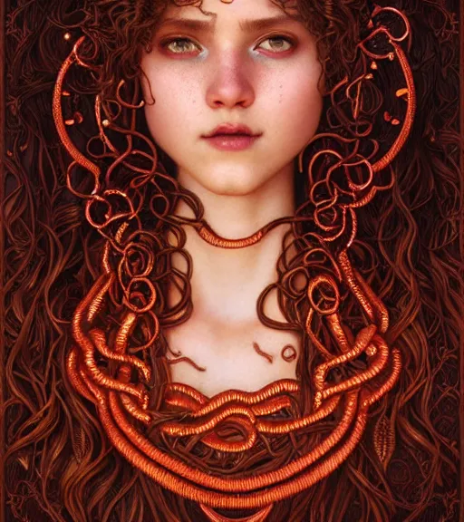 Image similar to portrait of teenage medusa, snake hair, naughty smile, wearing an embroidered orange tunic, intricate, sensual, elegant, copper and emerald jewelry, glowing lights, seductive, highly detailed, digital painting, artstation, concept art, smooth, sharp focus, illustration, art by wlop, mucha, artgerm, and greg rutkowski