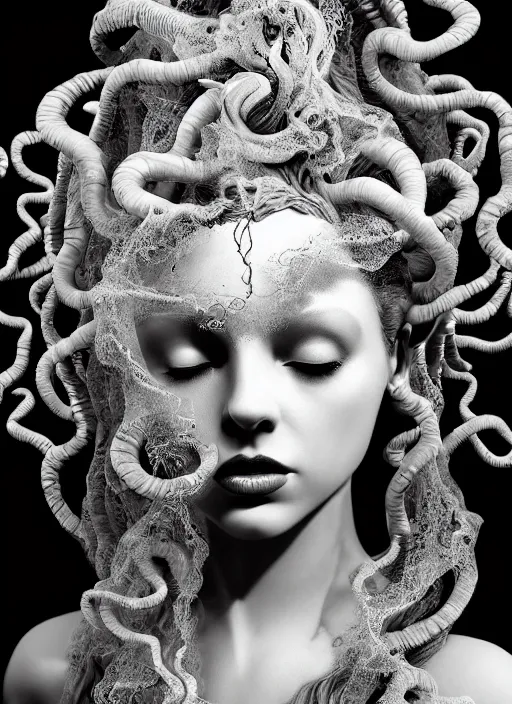 Image similar to surreal mythical dreamy dark artistic black and white fine art photo of a beautiful young female angel - medusa - mermaid - cyborg covered with translucent algae, highly detailed, lace web, rim light, cinematic, studio dramatic light, poetic, octane render, 8 k, photo - realistic, by floria sigismondi