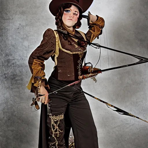 Prompt: photo of a female steampunk archer