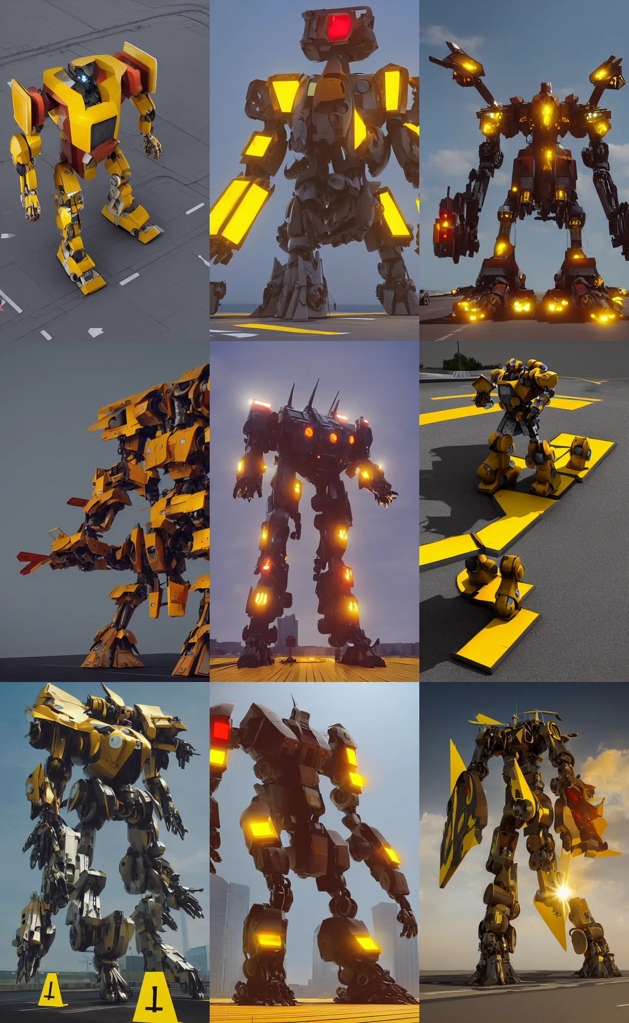Prompt: giant mecha fighter made of yellow road signs and a red stop sign on its head, character design trending on artstation, mecha, unreal engine, octane render, detailed model, hardsurface modelling, heavily stylized