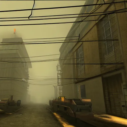 Image similar to a photo from the bottom of half life 2's combine citadel, with the wires hanging from the buildings towards the citadel, in a lightly foggy day