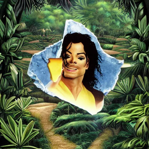 Prompt: half michael jackson half cheese in a jungle of rousseau