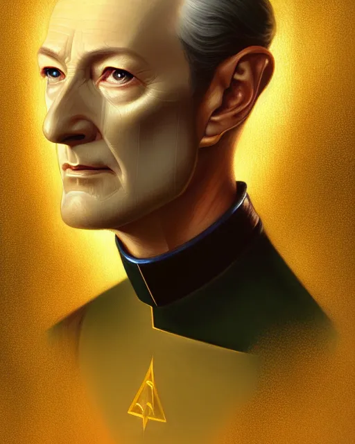 Image similar to portrait of commander data, star trek tng, forest, intricate, elegant, highly detailed, digital painting, artstation, concept art, smooth, sharp focus, illustration, art by artgerm and greg rutkowski and fra angelico and alphons mucha