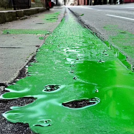 Image similar to a sticky puddle of green luminous goop on the pavement in a back alley