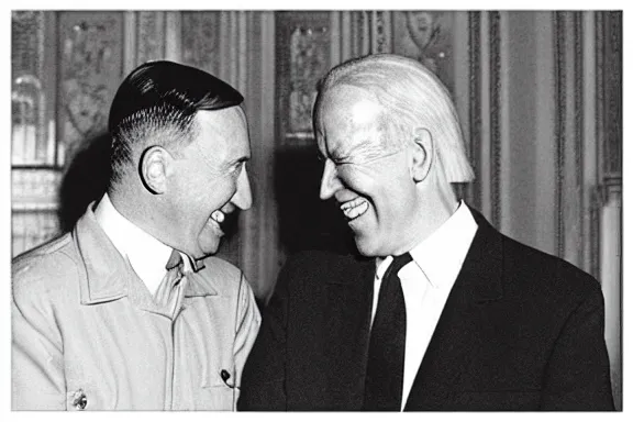 Image similar to “ very very intricate photorealistic photo of hitler and joe biden laughing together, detailed natural lighting, award - winning crisp details ”