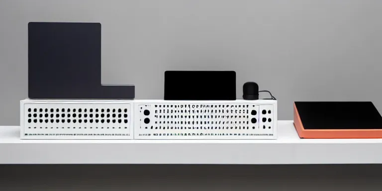 Prompt: dezeen showroom, minimalissimo, archdaily,, teenage engineering moad, mother of all decks, product design concept, product shot of moog melotron synthesizer with ipad screens with gradients designed by jony ives, dieter rams, tom sachs, patricia urquiola, 8 k, highly detailed photo