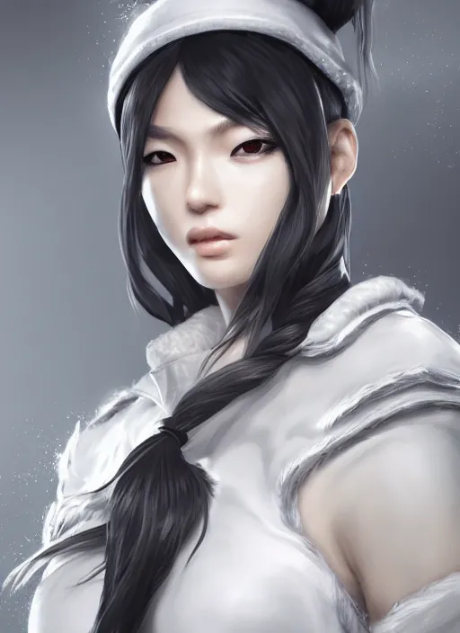 Prompt: a highly detailed illustration of fierce tall amazon messy ponytail black haired one armed delinquent japanese woman wearing white cap wearing long white jacket with cape, muscular, intricate, elegant, highly detailed, centered, digital painting, artstation, concept art, smooth, sharp focus, league of legends concept art, wlop.