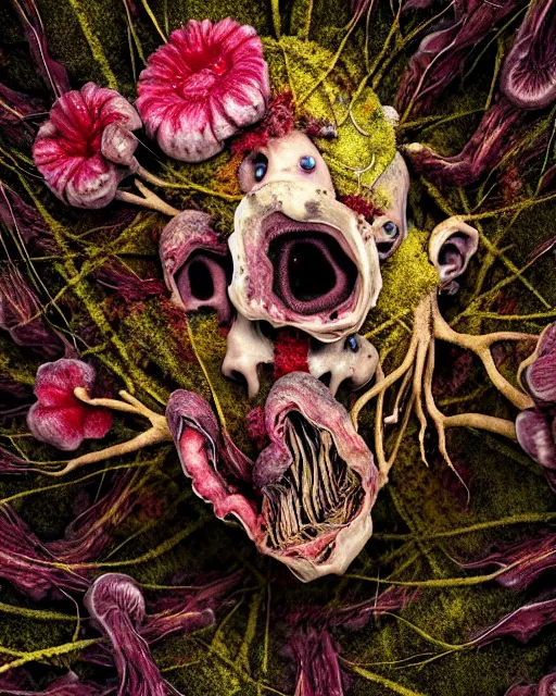 Image similar to a extremely disturbing horror photograph of a creature made out of rotten flowers and nature and fungus, intricate intertwining, hyperrealism, sharp focus, cinematography, highly detailed, octane render, horror cgi 4 k, matte, photograph by professional photographer