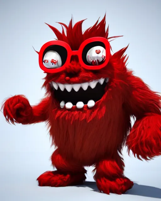 Prompt: 3 d render of completely red hairy friendly monster smiling wearing chrome shades, cute, cartoony, white background, unreal engine 5