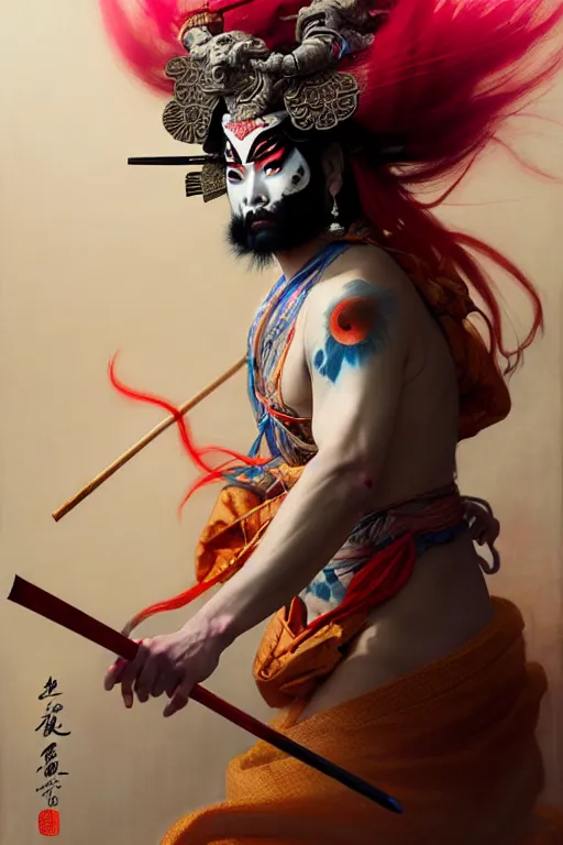 Prompt: an insane kabuki warrior wielding a spear while emitting a visible aura of madness, intricate kimono, red wig, crossed eyes, hazy atmosphere, high energy, in the style of fenghua zhong and ruan jia and jeremy lipking and peter mohrbacher, mystical colors, rim light,