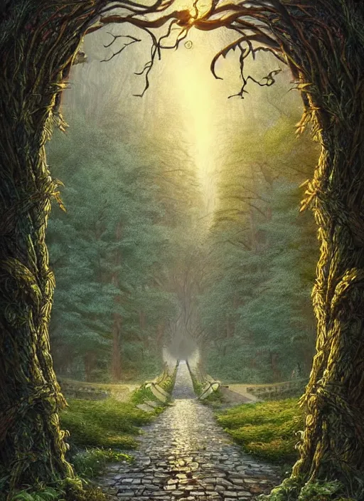 Image similar to book cover!!!!!!!!!!!!, old bridge, ivy vector elements at each border, fantasy forest landscape, fantasy magic, light night, intricate, elegant, sharp focus, illustration, highly detailed, digital painting, concept art, matte, art by wlop and artgerm and ivan shishkin and andrey shishkin, masterpiece