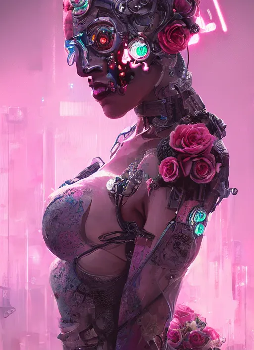 Image similar to portrait of a seductive female with roses, cyberpunk cyborg. roses, muted colors, sci - fi, intricate abstract upper body intricate artwork, by tooth wu, wlop, beeple, dan mumford. concept art, octane render, deviantart, greg rutkowski, cinematic arthouse, key art, hyper realism, iridescent accents
