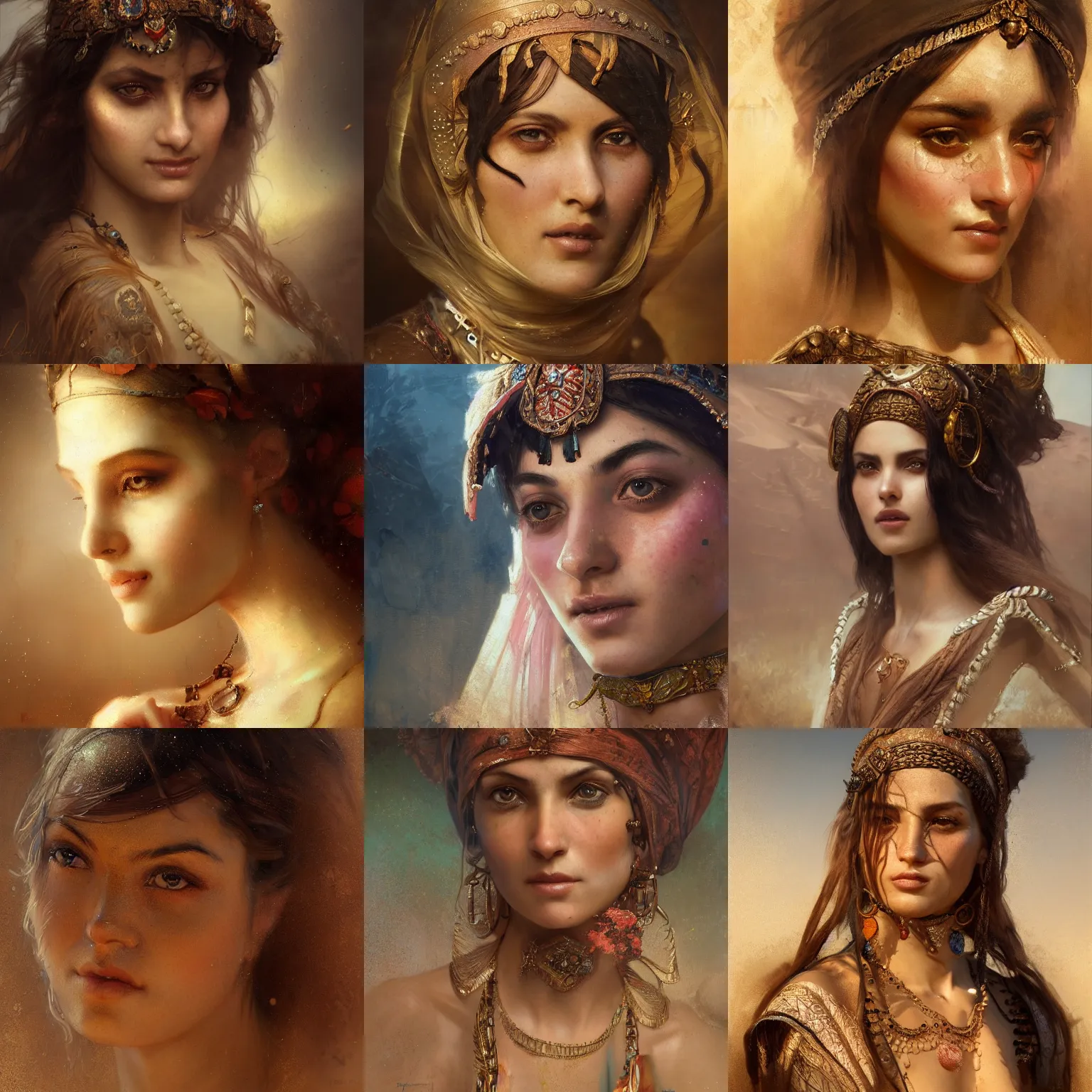 Prompt: orientalism portrait of a cute woman in the desert face detail by theodore ralli and nasreddine dinet and bastien lecouffe deharme and nikolay makovsky, masterful intricate artwork, excellent lighting, high detail 8 k