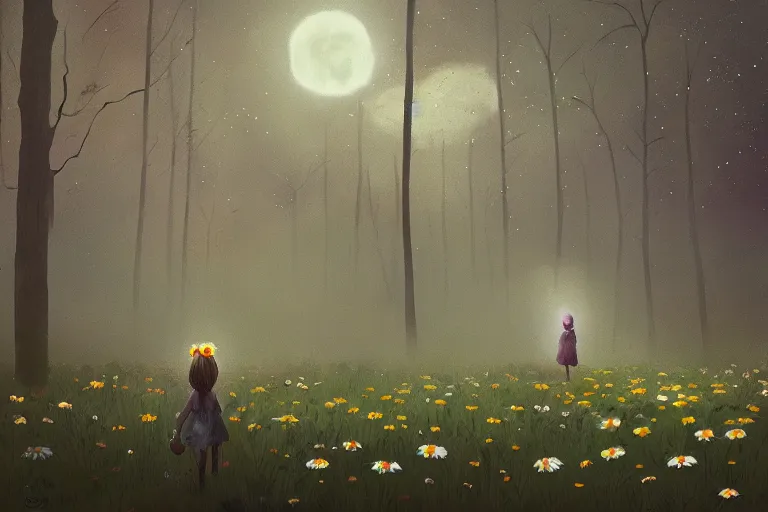 Image similar to giant bunch of daisy flowers head, girl walking in dark forest, surreal photography, dark night, stars, moon light, impressionist painting, clouds, digital painting, artstation, simon stalenhag