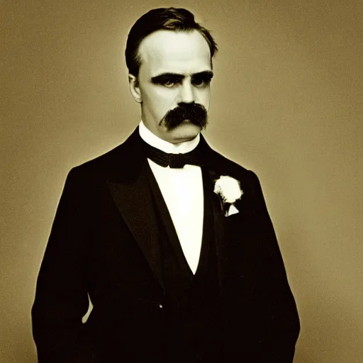 Prompt: wedding photography, friedrich nietzsche posing for his portrait photo