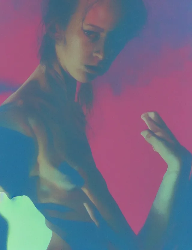 Image similar to nike campaign, blue rays, redshift, wide shot, coloured polaroid photograph, pastel, kodak film, hyper real, stunning moody cinematography, by maripol, fallen angels by wong kar - wai, style of suspiria and neon demon, david hockney, detailed, oil on canvas