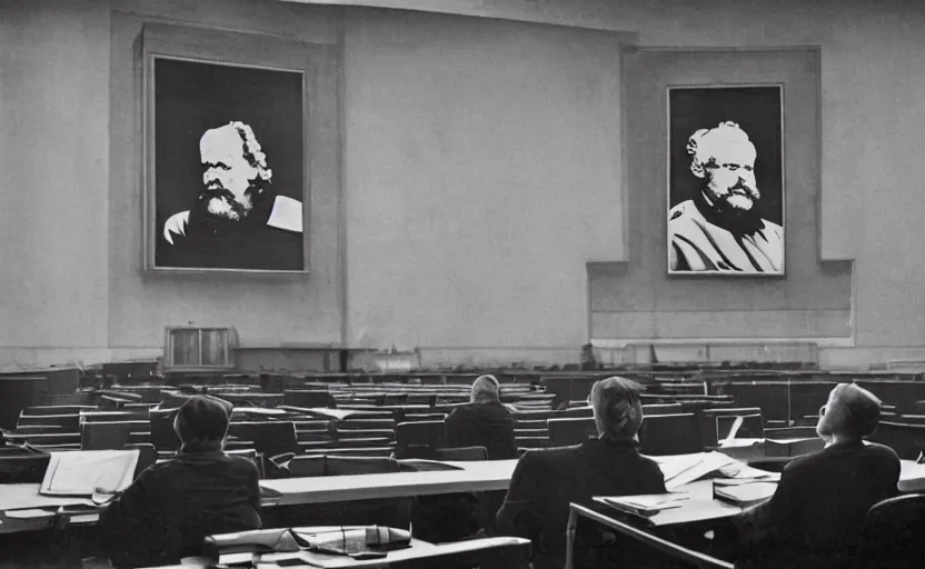 Image similar to 60s movie still of a stalinist style sovietic parlement with a giant portrait of Karl Marx, by Irving Penn , cinestill 800t 35mm eastmancolor, heavy grainy picture, very detailed, high quality, 4k, HD criterion, precise texture, panoramic, cinematic