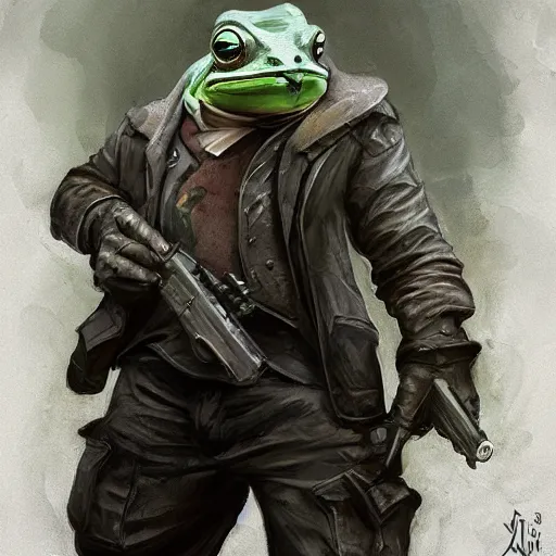 Prompt: a badass frog mafia boss holding gun. nuri iyem, james gurney, james jean, greg rutkowski, anato finnstark. front view, 8 5 mm