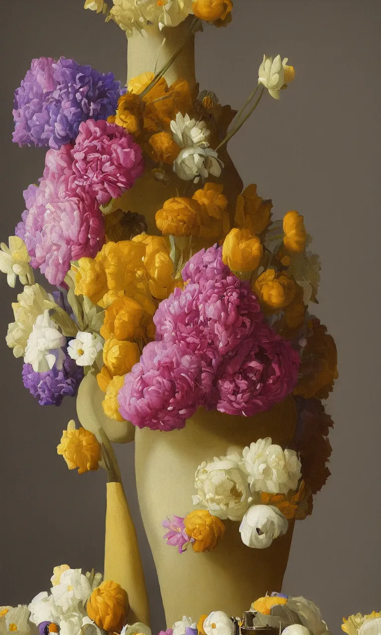 Image similar to still life of a big vase of flowers painted by Johannes Vermeer, vivid colors, high details, cinematic, 8k resolution, beautiful detailed, photorealistic, digital painting, artstation, concept art, smooth, sharp focus, illustration, fantasy background, artstation trending, octane render, unreal engine