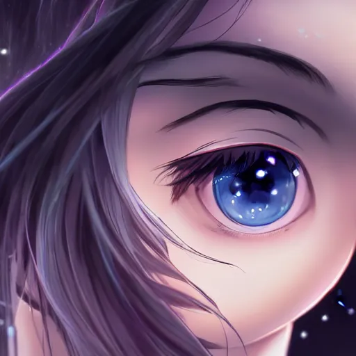 Prompt: a girl's eyes, stars are hidden in the eyes, 8 k, stunning, dream, highly detailed, super macro, surrealist, close - up view,, style of magical girl, makoto shinkai