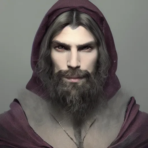 Image similar to a highly detailed portrait of a man with purple eyes, light gray long hair, beardless, no beard, wearing a black cloak, artstation, DeviantArt, professional, octane render