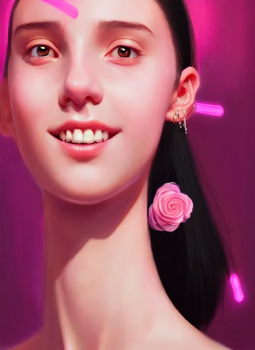 Image similar to portrait of teenage girl, narrow face, black hair, bangs, half updo hairstyle, skinny, smile, unattractive, defined jawline, big chin, wearing pink hair bow, earrings, intricate, elegant, glowing lights, highly detailed, digital painting, artstation, sharp focus, illustration, art by wlop, mars ravelo and greg rutkowski