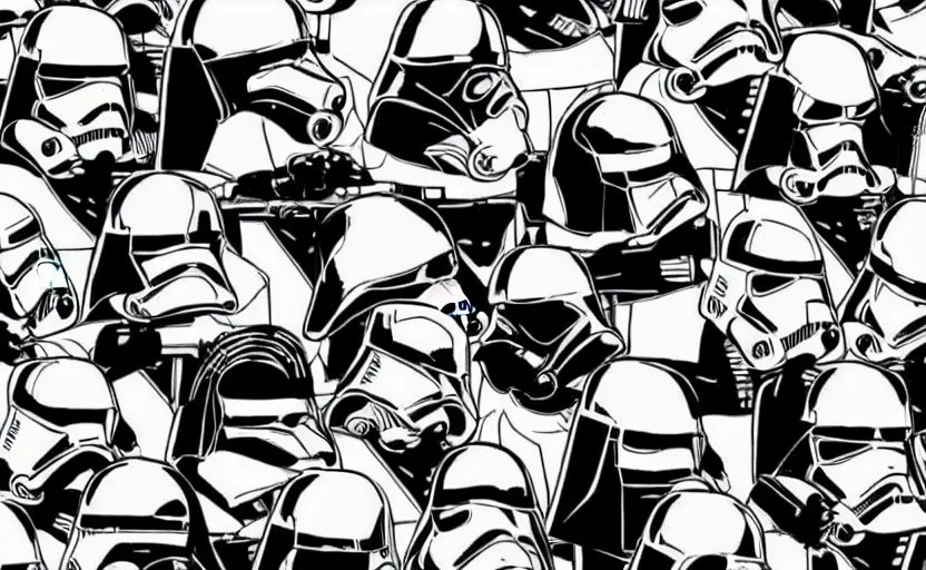 Image similar to darth vader on the death star surrounded by storm troopers and tie fighters, in the style of studio ghibli