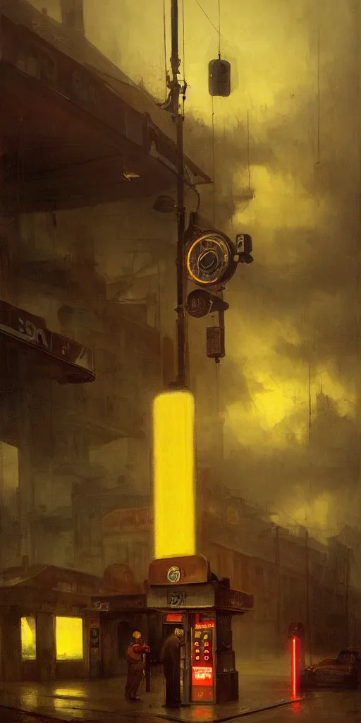 Image similar to a gas station in 1 9 4 0 with yellow and red light in the middle of the night, a men stand up next to the pump, mystical blue fog, oil on canvas, art by andreas achenbach, clemens ascher, tom bagshaw and sabbas apterus,